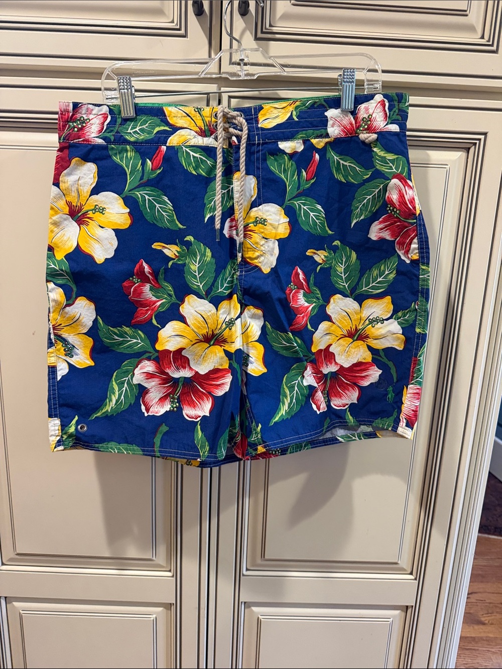 Ralph Lauren Navy Floral Swim Board Shorts with Yellow & Red Hibiscus